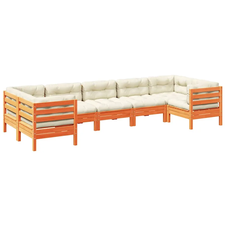 Salon de jardin 7 pcs avec coussins cire marron bois pin massif - 2