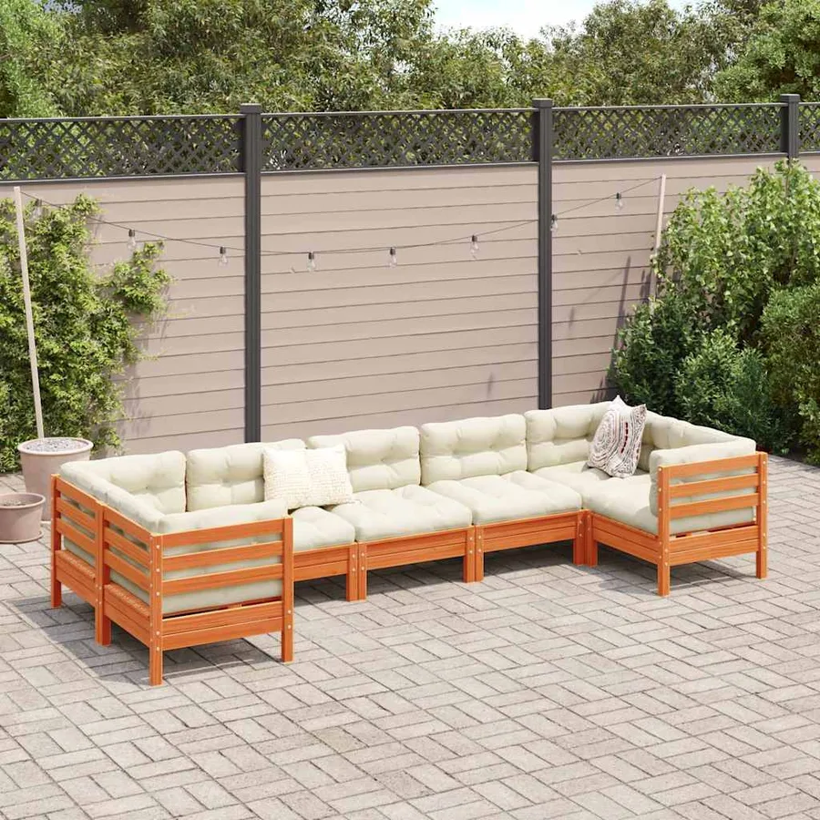 Salon de jardin 7 pcs avec coussins cire marron bois pin massif - 3