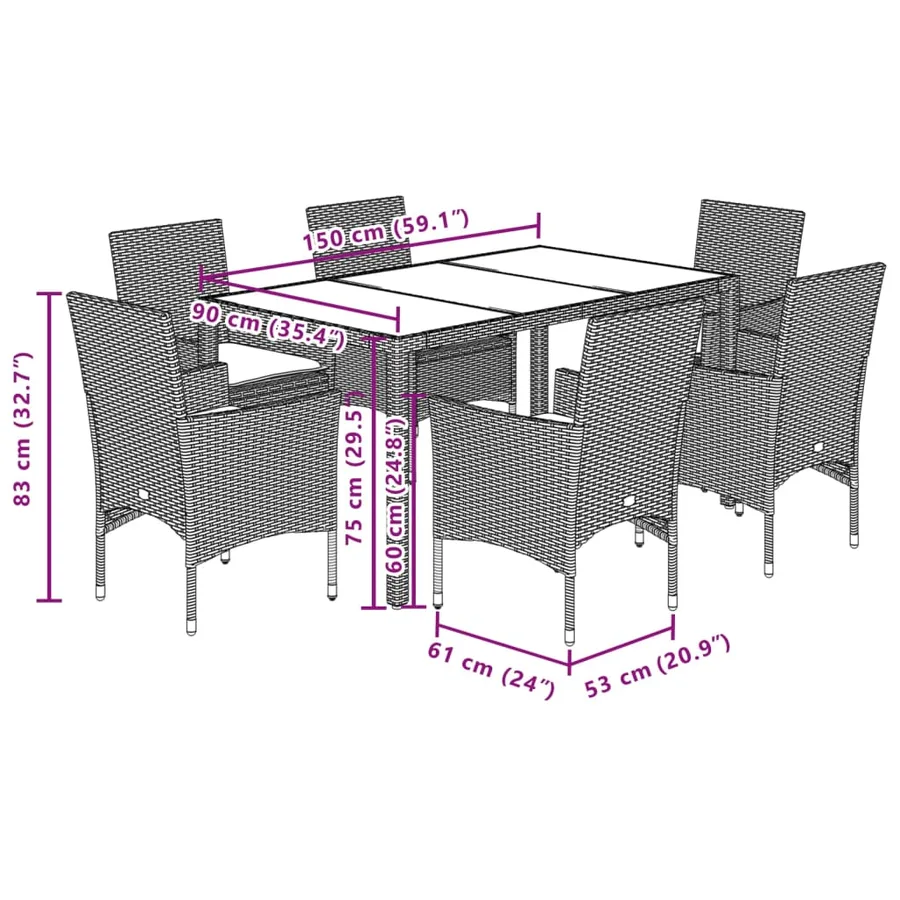 Ensemble à manger de jardin et coussins 7 pcs gris rotin verre - 7