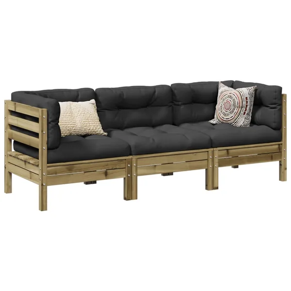 Salon de jardin 3 pcs avec coussins bois de pin imprégné