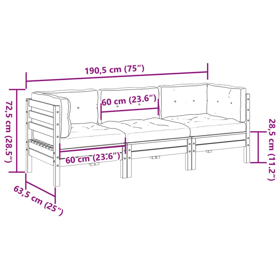 Salon de jardin 3 pcs avec coussins bois de pin imprégné - 10