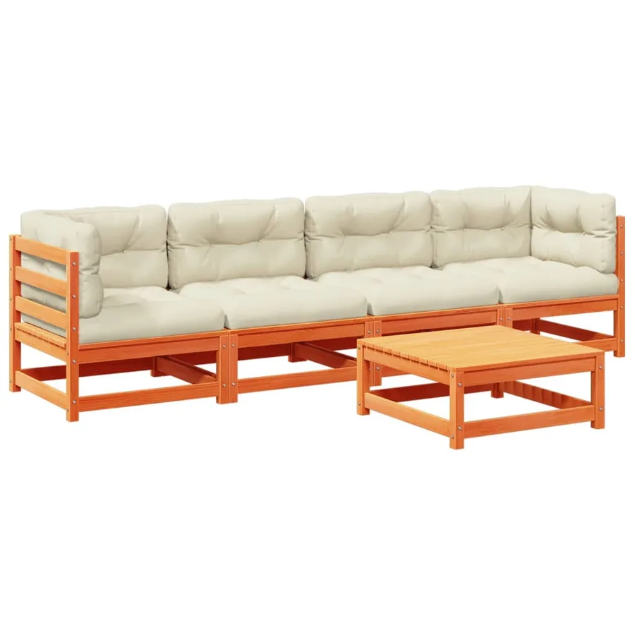 Salon de jardin 5 pcs avec coussins cire marron bois pin massif - 2