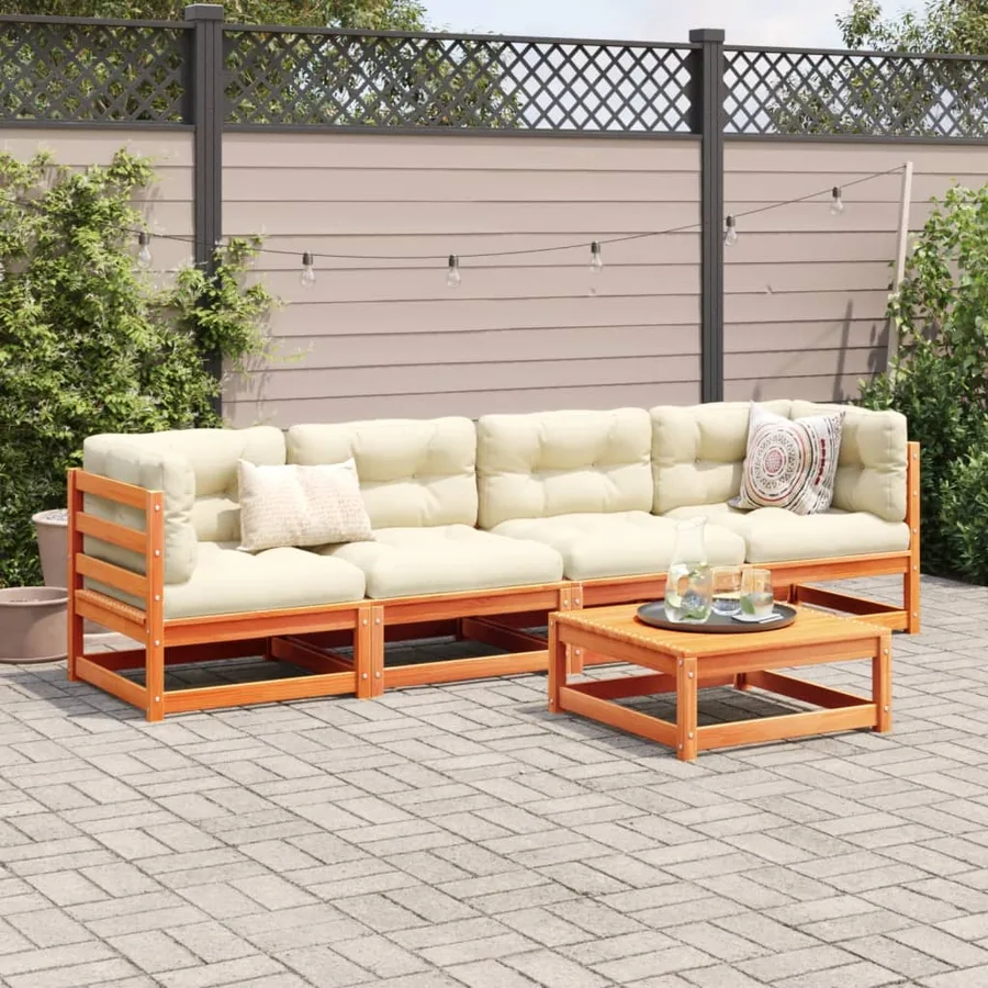 Salon de jardin 5 pcs avec coussins cire marron bois pin massif - 3