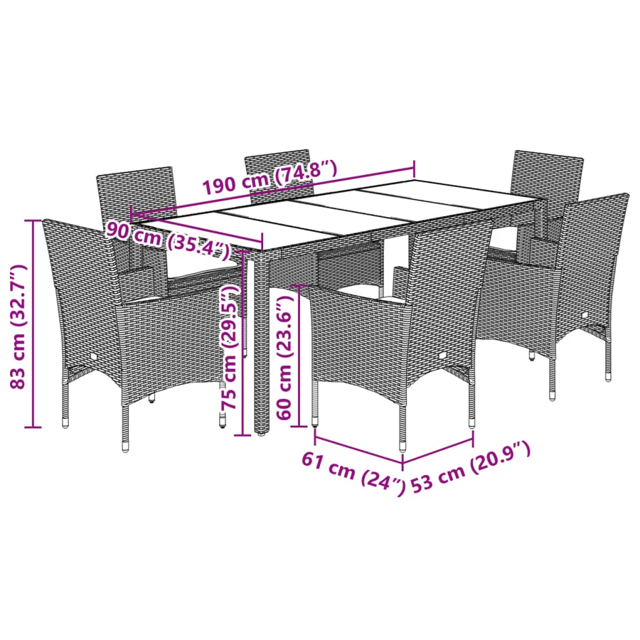 Ensemble à manger de jardin et coussins 7 pcs noir rotin acacia - 7