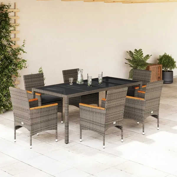 Ensemble à manger de jardin et coussins 7 pcs gris rotin verre