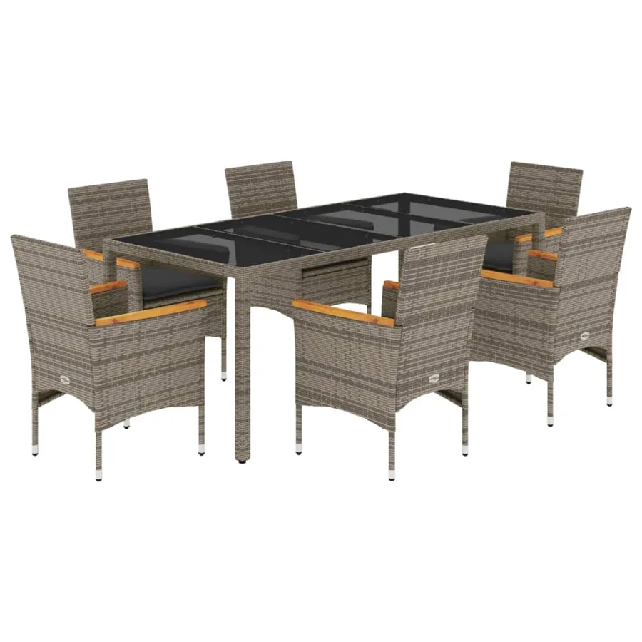 Ensemble à manger de jardin et coussins 7 pcs gris rotin verre - 2