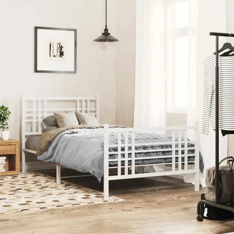 Cadre de lit métal sans matelas et pied de lit blanc 100x200 cm