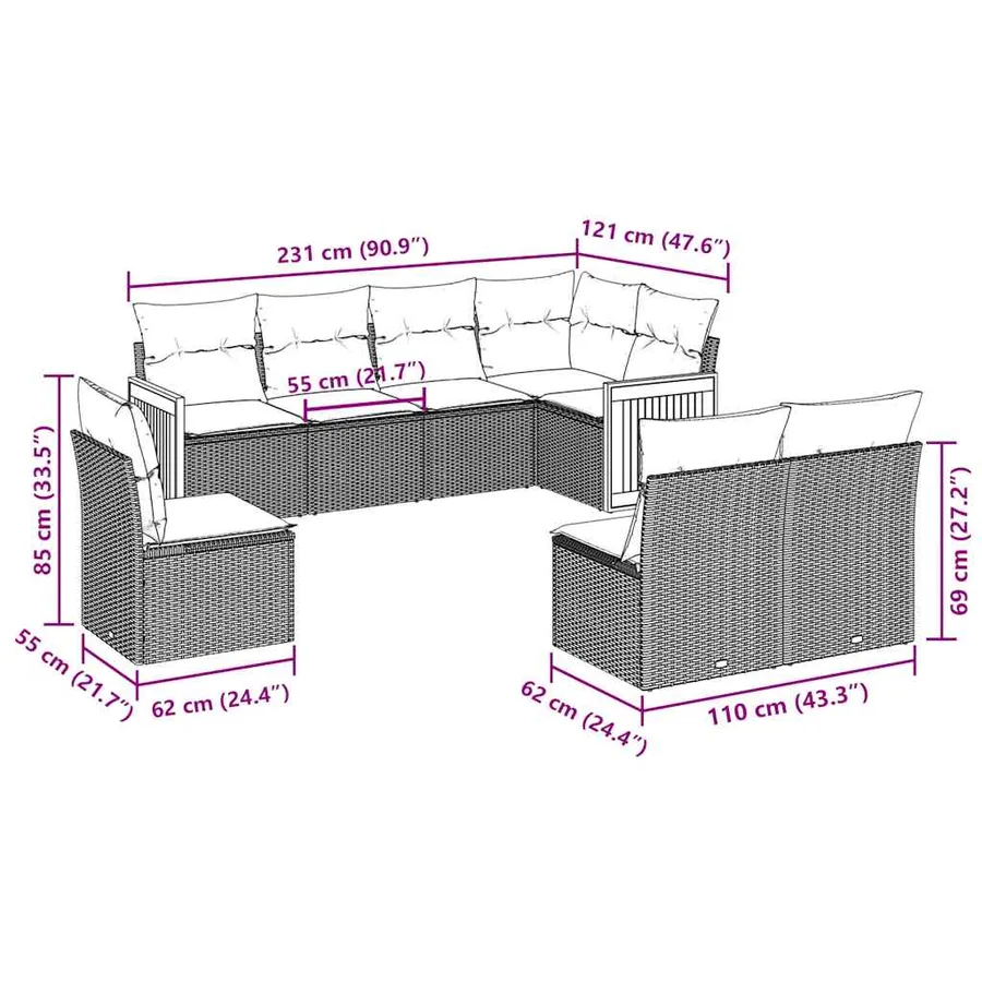 Salon de jardin 8 pcs avec coussins noir résine tressée - 3