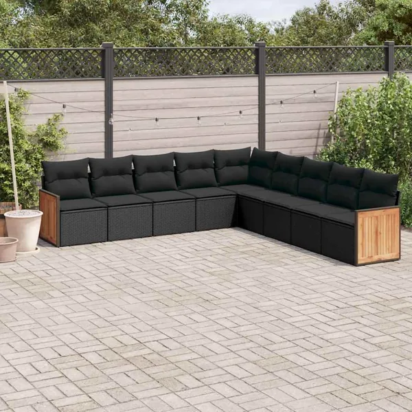 Salon de jardin 9 pcs avec coussins noir résine tressée