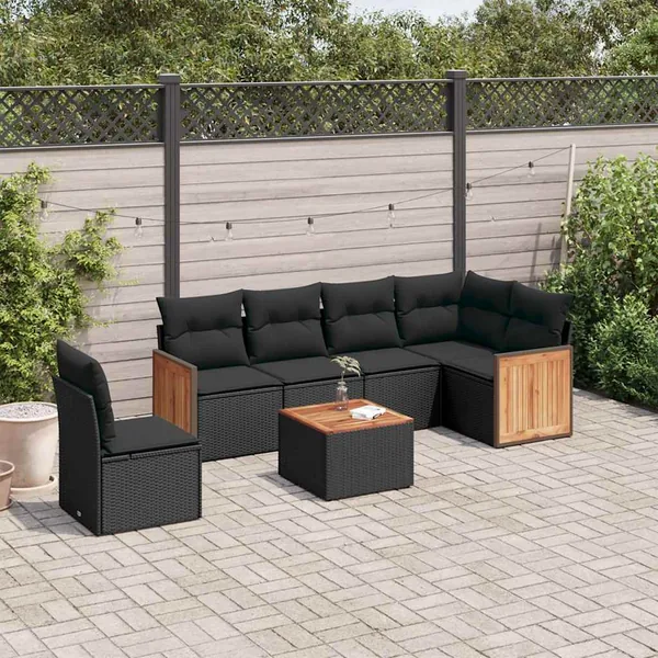 Salon de jardin 7 pcs avec coussins noir résine tressée 62 x 62 x 69 cm - 61,2 kg