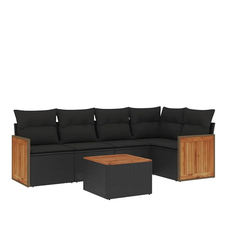 Salon de jardin 6 pcs avec coussins noir résine tressée - 2
