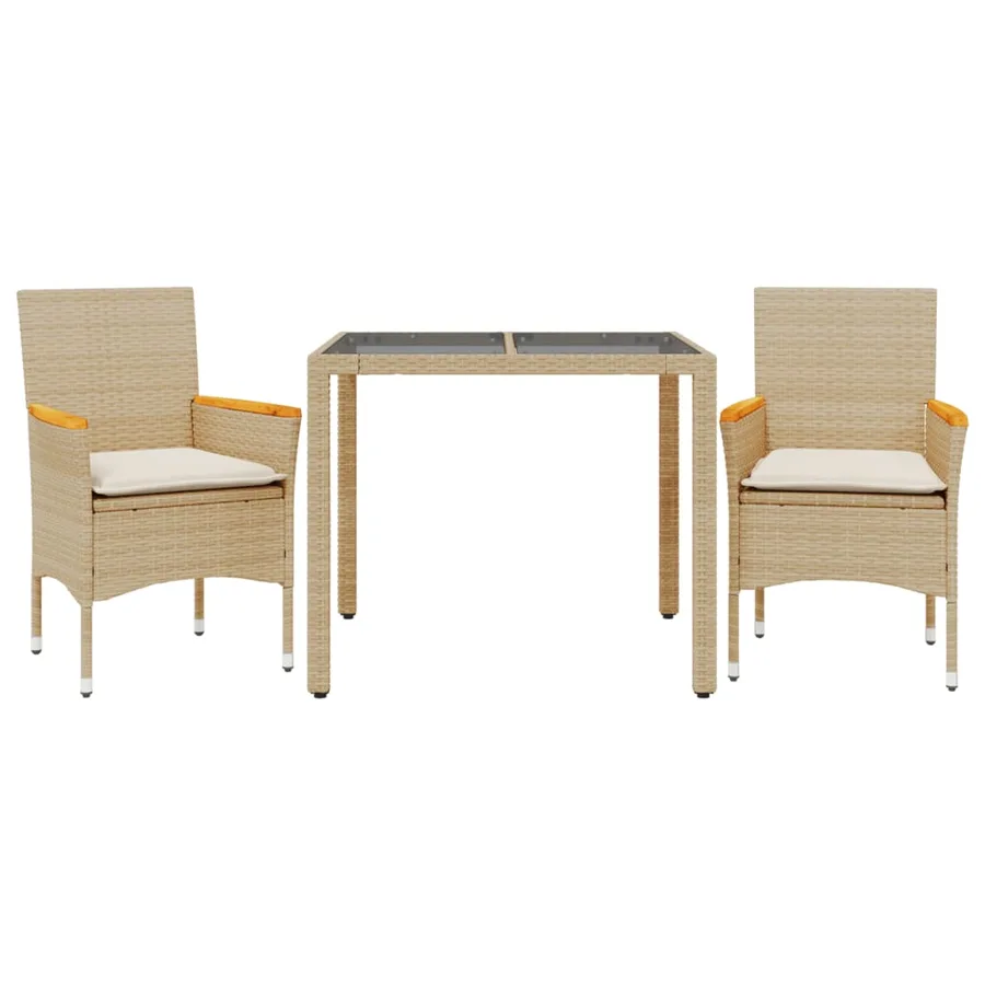 Ensemble à manger de jardin et coussins 3 pcs beige rotin verre - 2