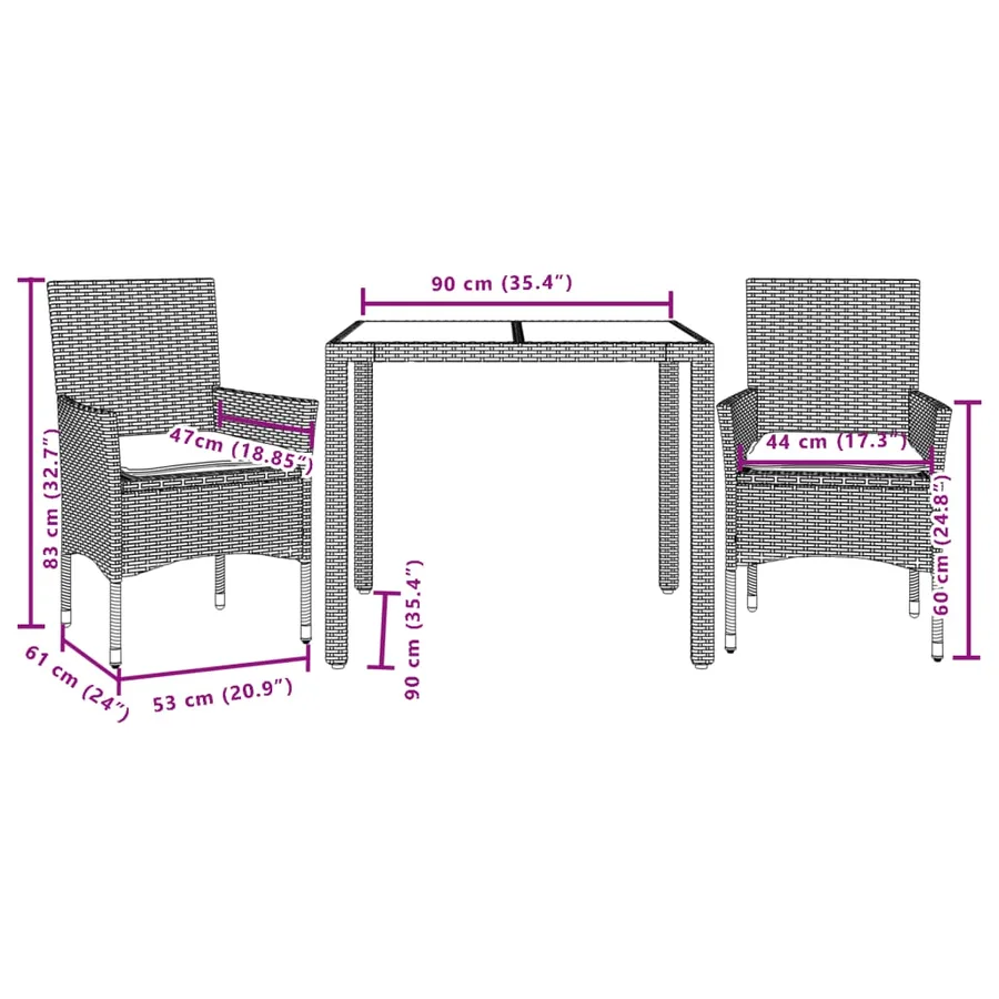 Ensemble à manger de jardin et coussins 3 pcs noir rotin acacia - 7