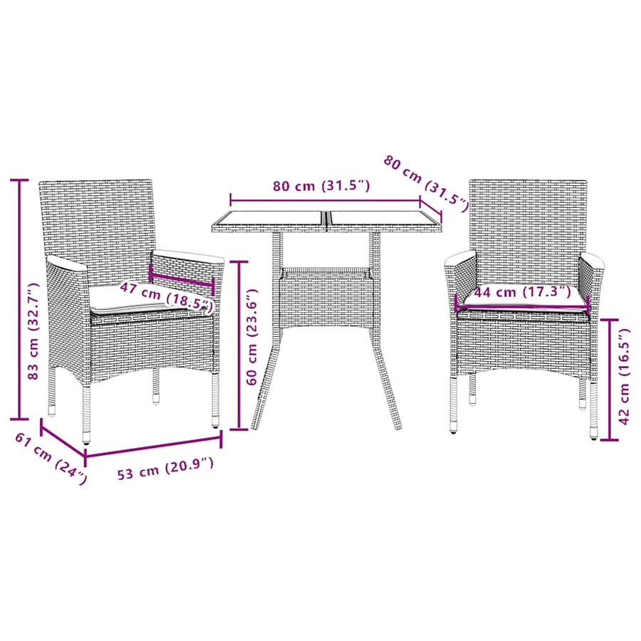 Ensemble à manger de jardin et coussins 3 pcs noir rotin acacia - 7