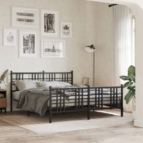 Cadre de lit métal sans matelas avec pied de lit noir 150x200cm