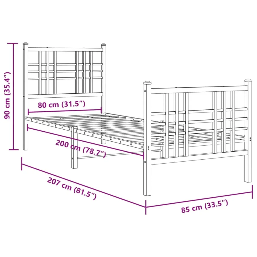 Cadre de lit métal sans matelas avec pied de lit noir 80x200 cm - 8