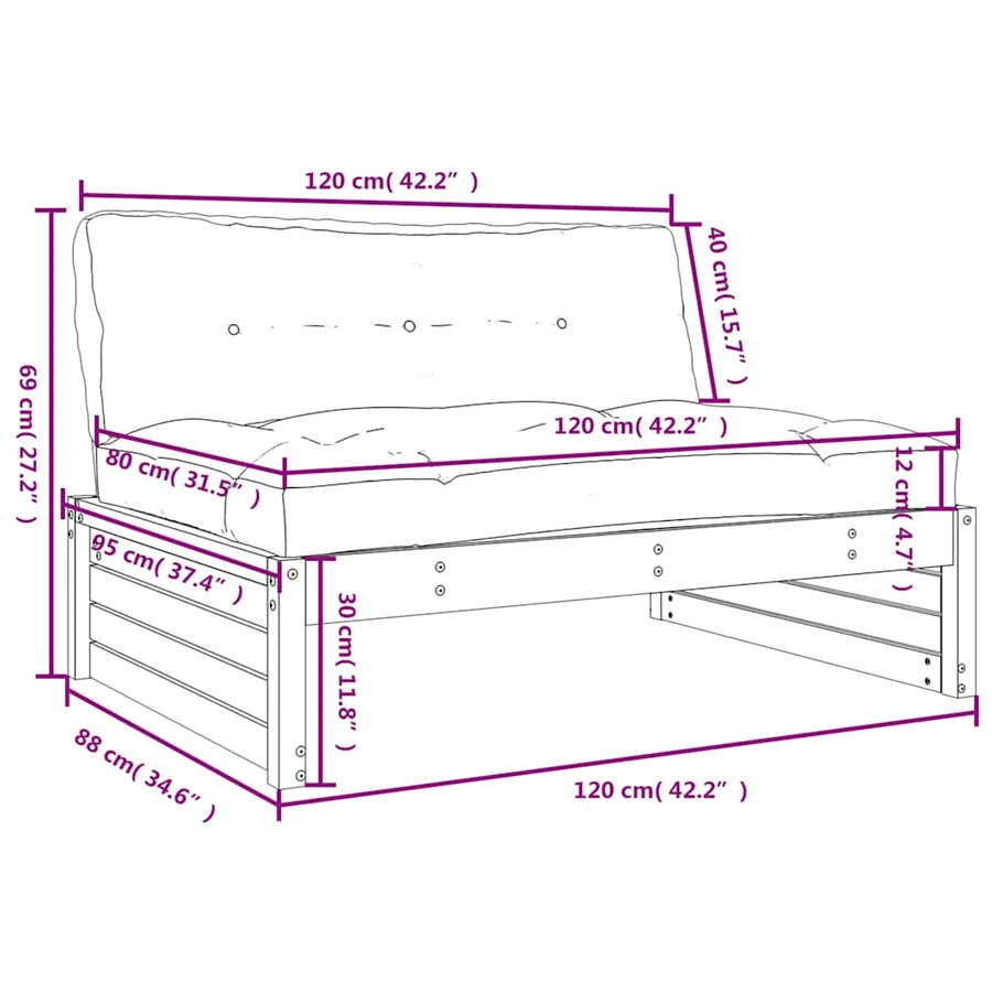 Canapé central 120x80 cm blanc bois de pin massif - 9