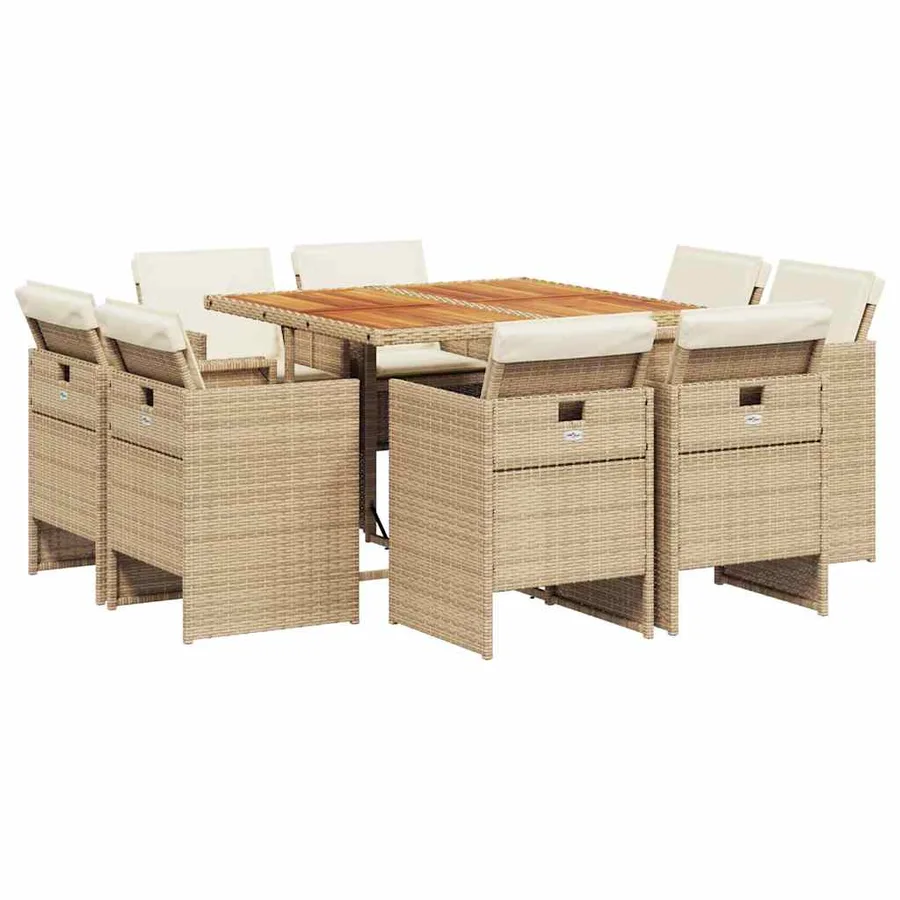 Ensemble à manger de jardin et coussins 9 pcs beige Poly rotin - 2