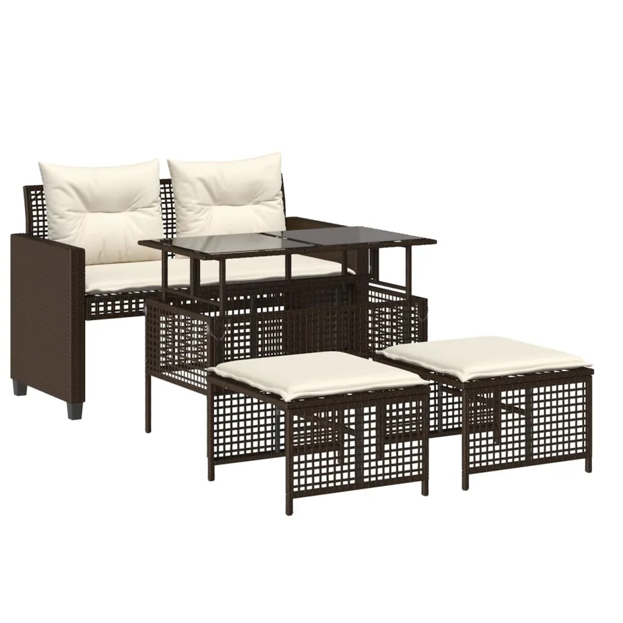 Salon de jardin avec coussins 4 pcs marron résine tressée verre - 2