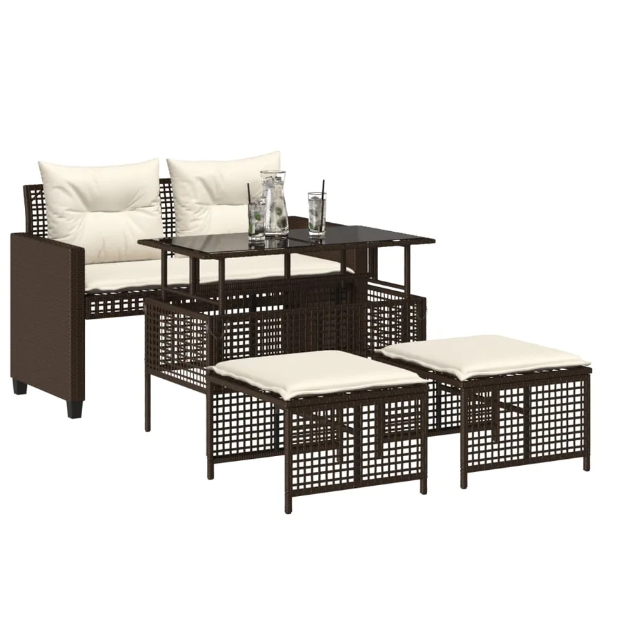 Salon de jardin avec coussins 4 pcs marron résine tressée verre - 3