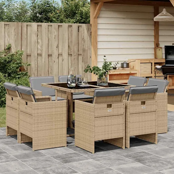 Ensemble à manger de jardin et coussins 9 pcs mélange beige