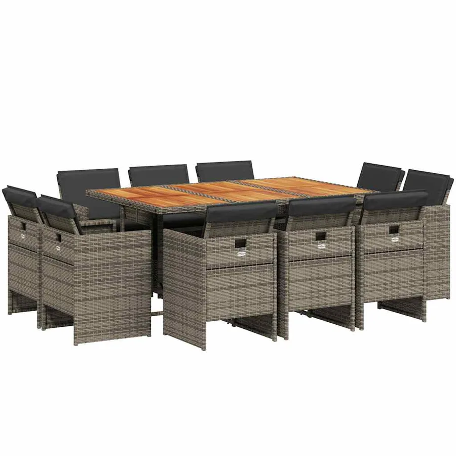 Ensemble à manger de jardin 11pcs avec coussins gris poly rotin - 2