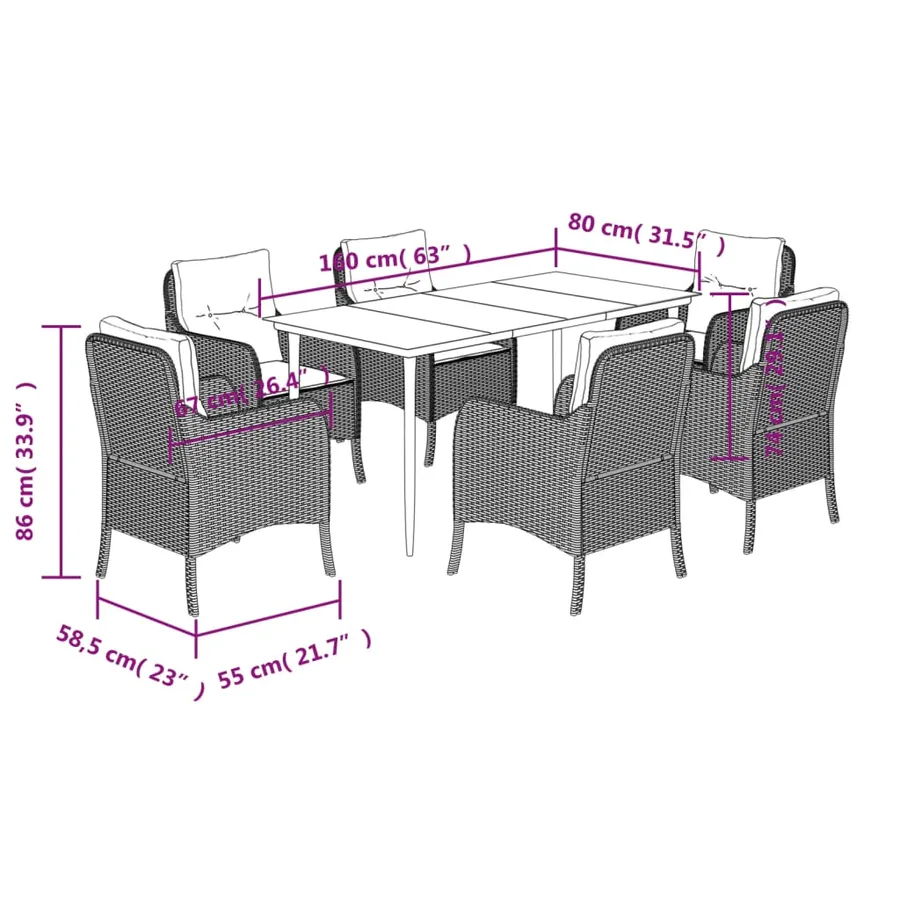 Ensemble à manger de jardin et coussins 7 pcs marron rotin - 7