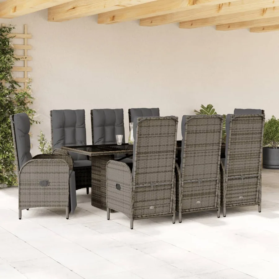 Ensemble à manger de jardin 9 pcs coussins gris résine tressée