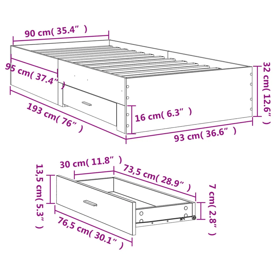 Cadre de lit avec tiroirs sans matelas gris béton 90x190 cm - 10