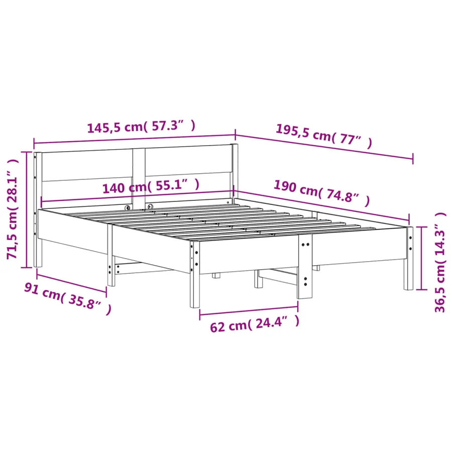 Cadre de lit sans matelas blanc 140x190 cm bois de pin massif - 9