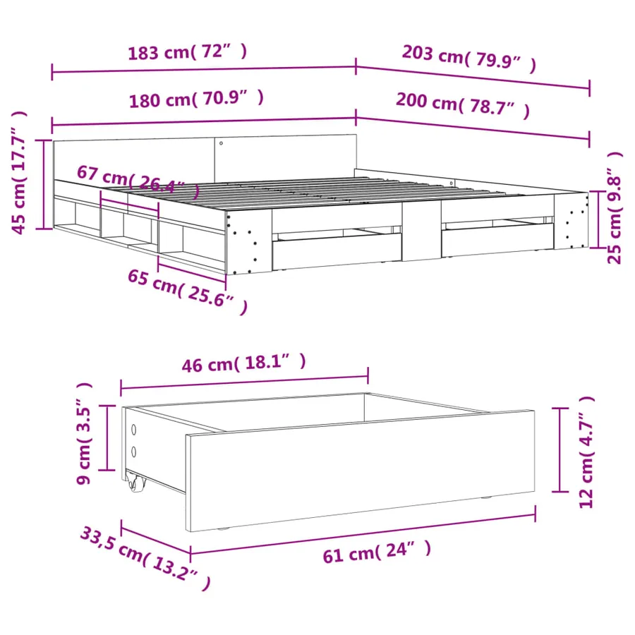 Cadre de lit avec tiroirs sans matelas sonoma gris 180x200 cm - 10
