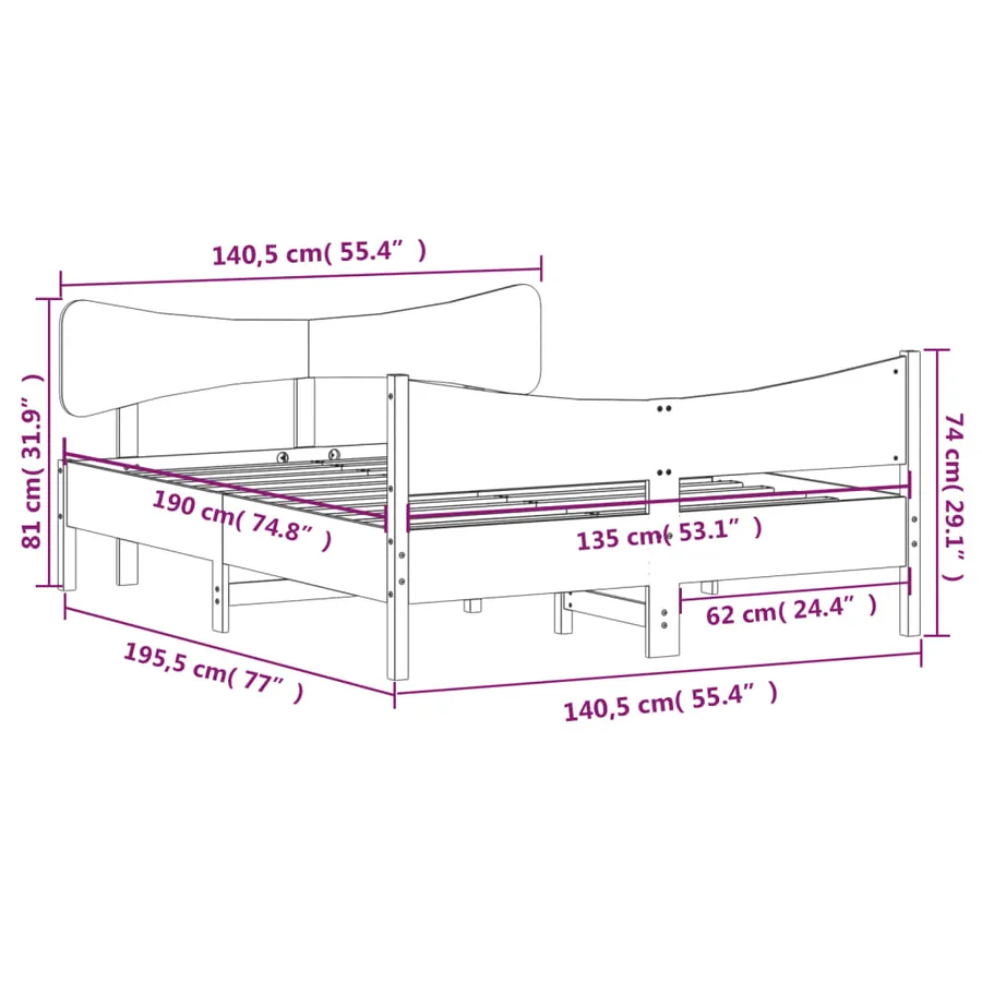 Cadre de lit sans matelas blanc 135x190 cm bois de pin massif - 9