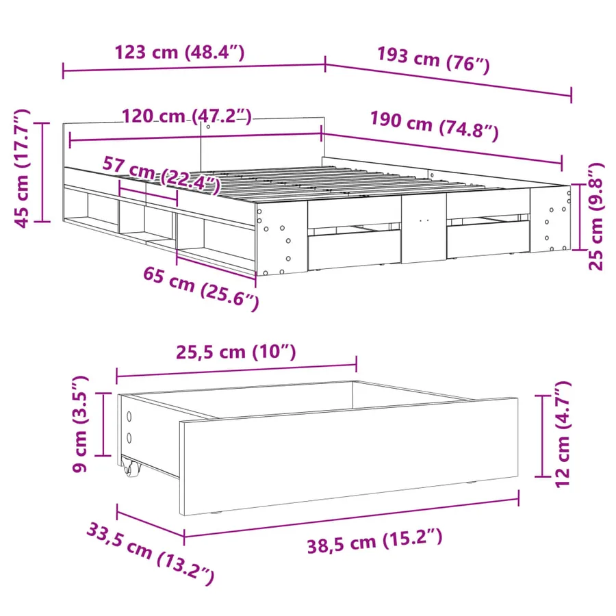 Cadre de lit avec tiroirs sans matelas gris béton 120x190 cm - 10