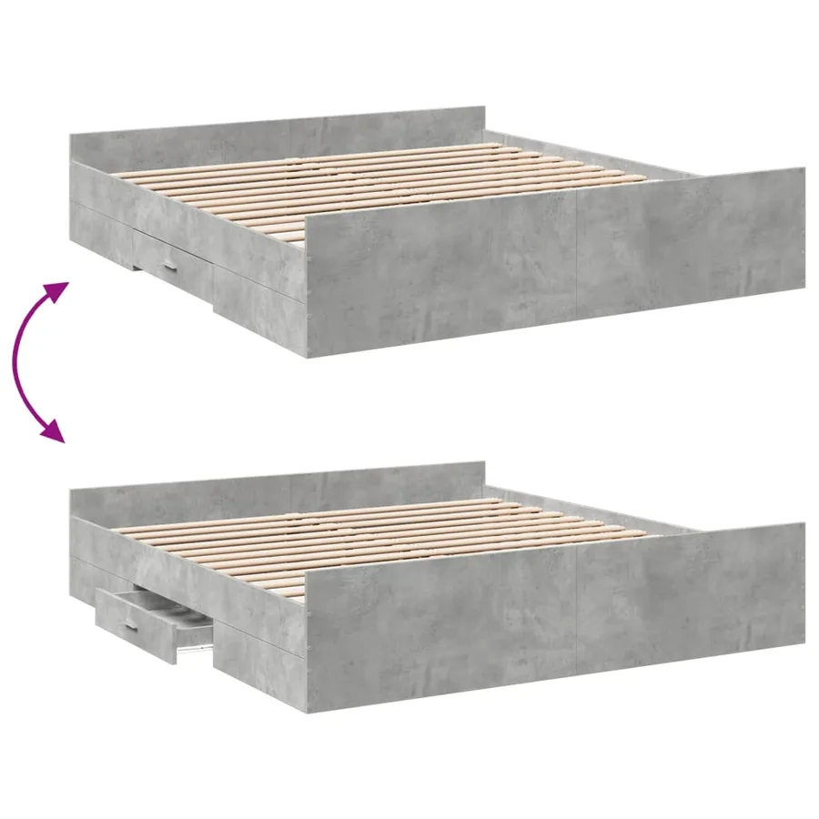 Cadre de lit avec tiroirs sans matelas gris béton 200x200 cm - 7