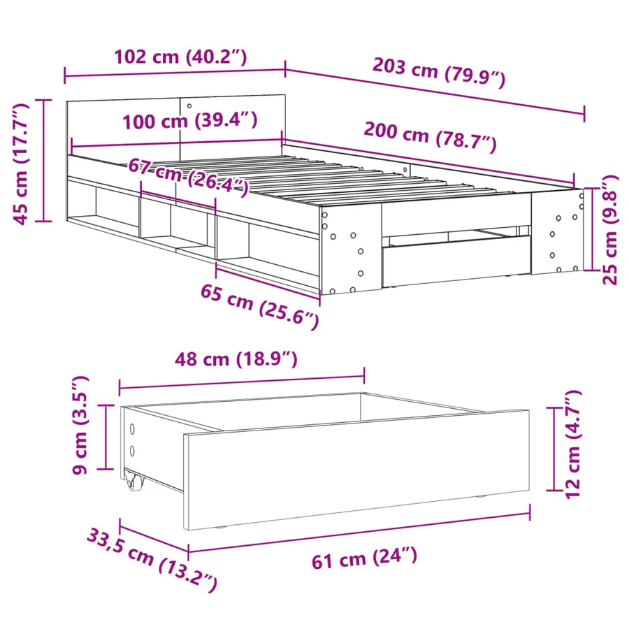 Cadre de lit avec tiroir sans matelas noir 100x200 cm - 10
