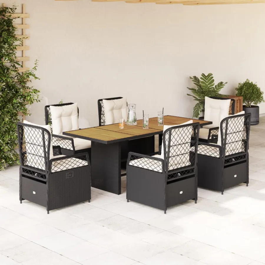 Ensemble à manger de jardin coussins 7pcs Noir Résine tressée