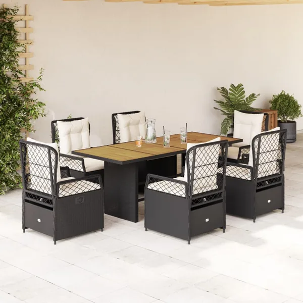 Ensemble à manger de jardin coussins 7pcs Noir Résine tressée