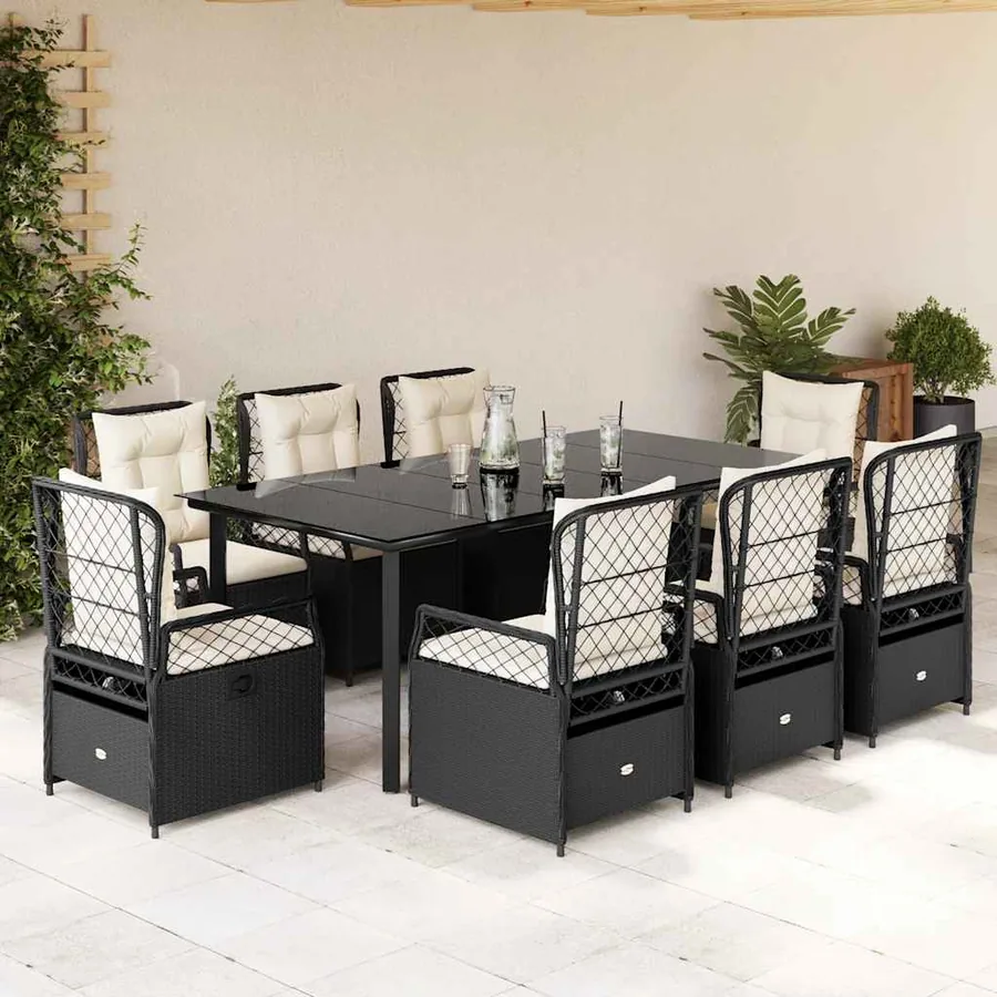 Ensemble à manger de jardin 9pcs coussins noir résine tressée