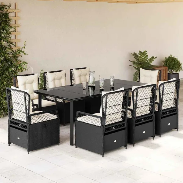 Ensemble à manger de jardin 9pcs coussins noir résine tressée