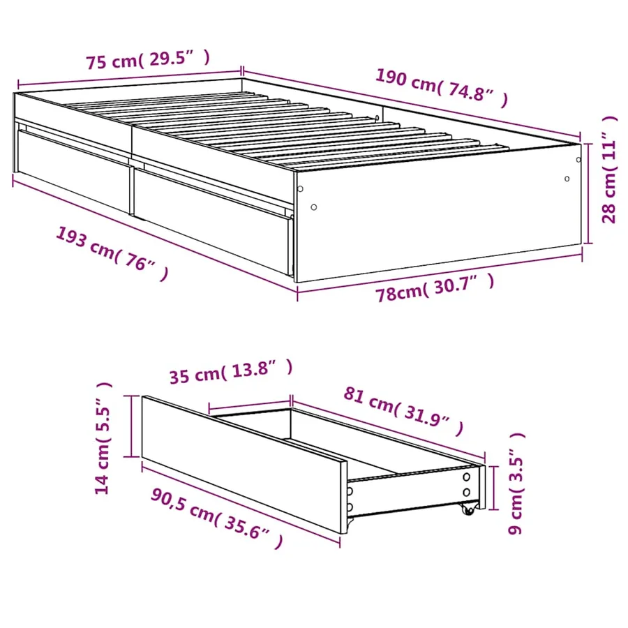 Cadre de lit avec tiroirs sans matelas blanc 75x190 cm - 10