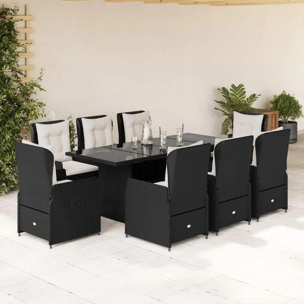 Ensemble à manger de jardin 9pcs coussins noir résine tressée
