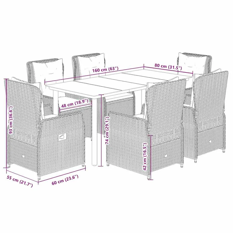 Ensemble à manger de jardin coussins 7pcs Noir Résine tressée - 8