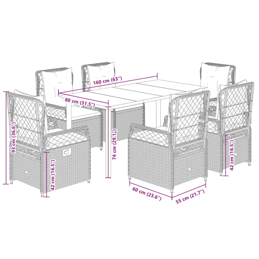 Ensemble à manger de jardin et coussins 7 pcs gris clair rotin - 8