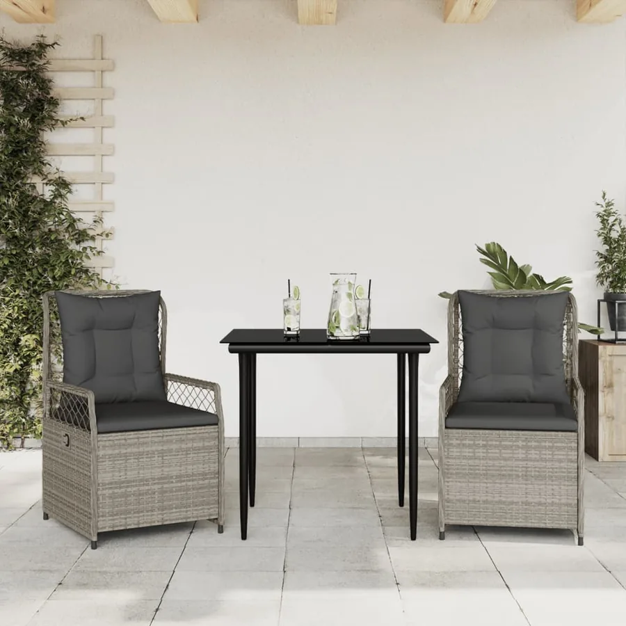 Ensemble à manger de jardin 3pcs coussins gris clair poly rotin