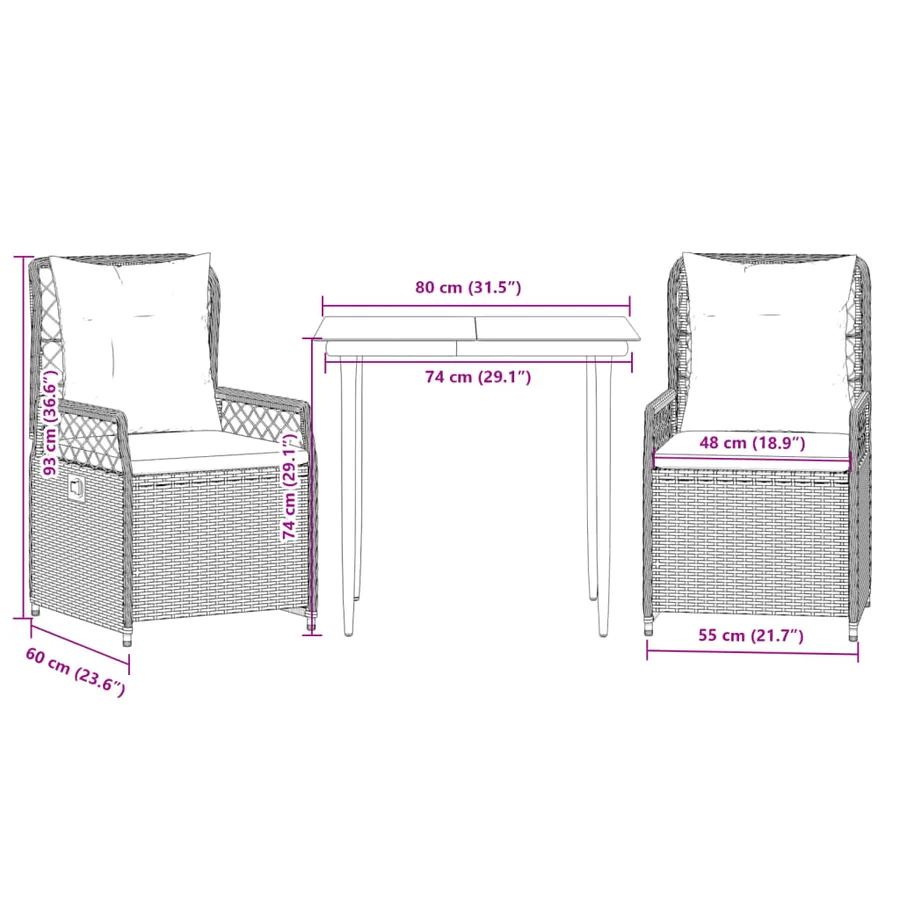 Ensemble à manger de jardin 3pcs coussins gris clair poly rotin - 8