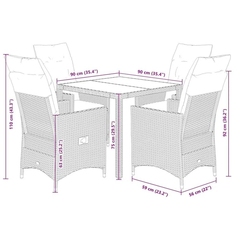 Ensemble à manger de jardin coussins 5pcs Noir Résine tressée - 7