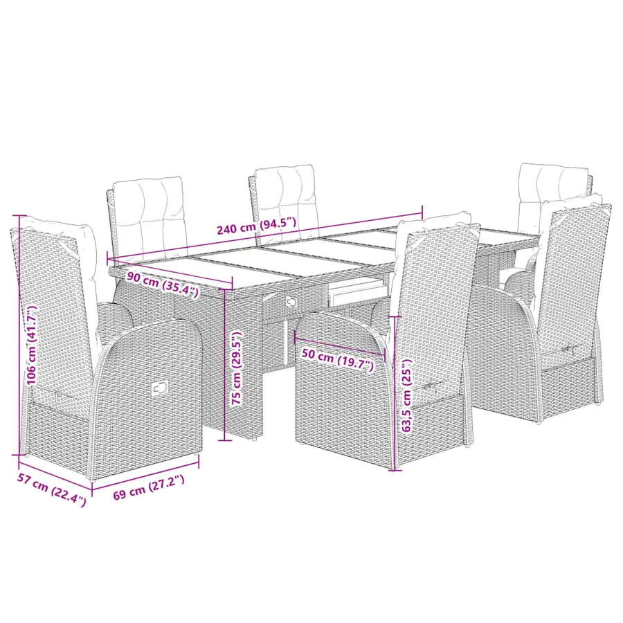 Ensemble à manger de jardin coussins 7 pcs noir résine tressée - 7