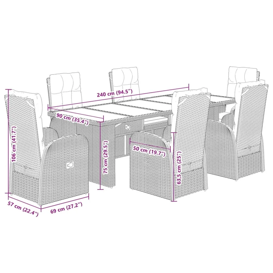 Ensemble à manger de jardin coussins 7 pcs noir résine tressée - 7