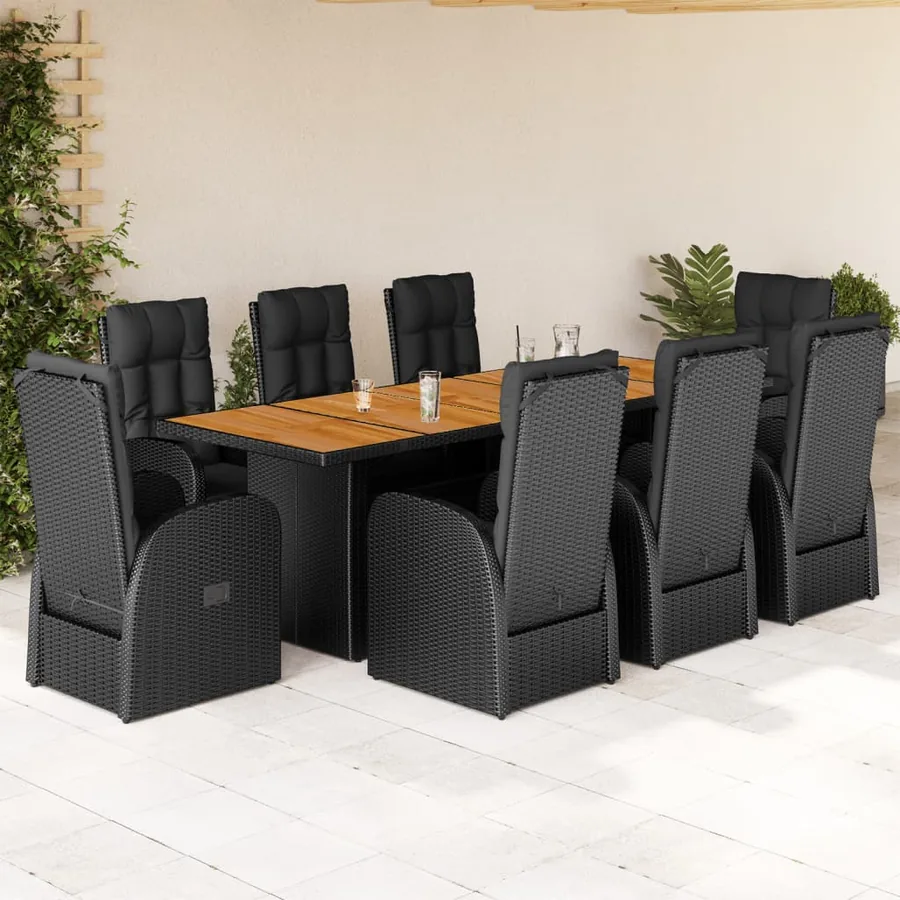 Ensemble à manger de jardin 9pcs coussins noir résine tressée