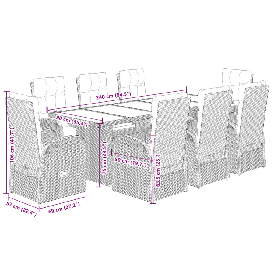 Ensemble à manger de jardin 9pcs coussins noir résine tressée - 8